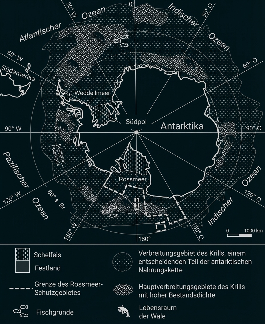 Schwarzweiß-Karte der Antarktis mit Festland, Schelfeis, Rossmeer-Schutzgebiet, Krill-Verbreitung, Fischgründen und Wal-Lebensräumen
